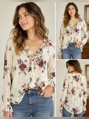 Joie 100% Silk Floral Ruffle Blouse Size L Ivory Burgundy